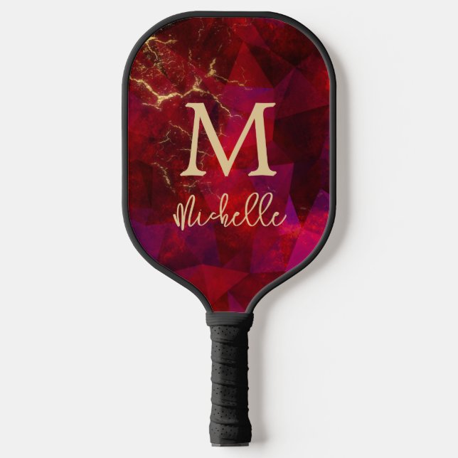 Elegant Ruby Red Gold Monogram Initial Name Pickleball Schläger (Vorderseite)