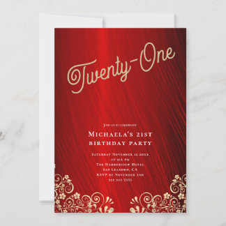 Elegant Ruby Red Gold Wirbel 21. Geburtstag Party Einladung
