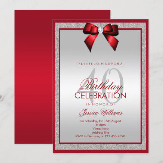 Elegant Ruby Red Silver Glitzer 40. Geburtstag Einladung
