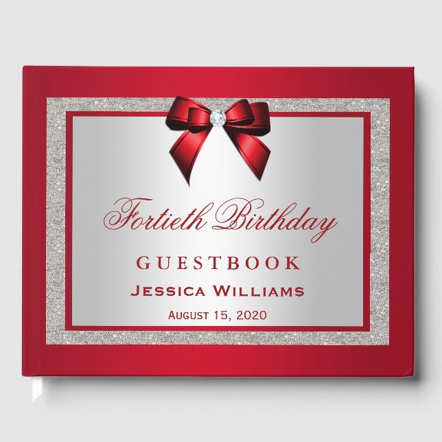 Elegant Ruby Red & Silver Glitzer 40. Geburtstag Gästebuch (Vorderseite)