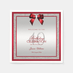 Elegant Ruby Red & Silver Glitzer 40. Geburtstag Serviette