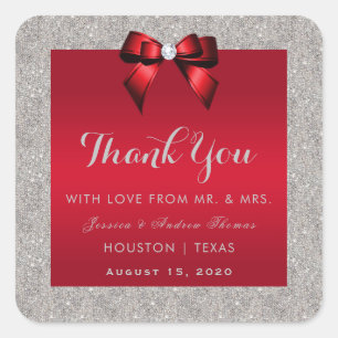 Elegant Ruby Red, Silver Glitzer Wedding Quadratischer Aufkleber