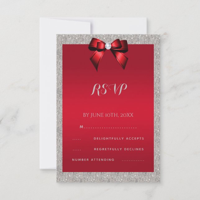 Elegant Ruby Red, Silver Glitzer Wedding RSVP Karte (Vorderseite)