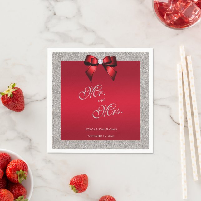 Elegant Ruby Red, Silver Glitzer Wedding Serviette (Beispiel)