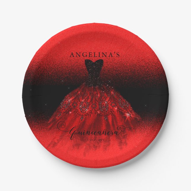 Elegant Ruby Red Spanish Gown Quinceañera Paper P Pappteller (Vorderseite)