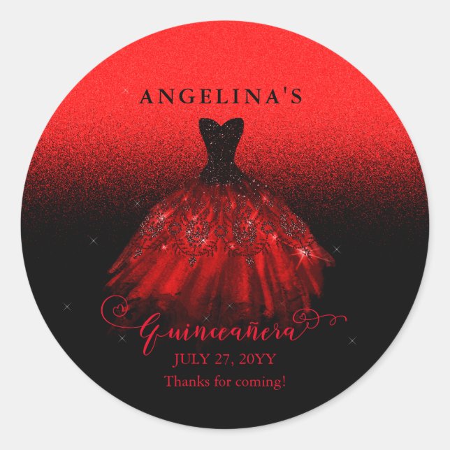 Elegant Ruby Red Spanish Gown Quinceañera Runder Aufkleber (Vorderseite)