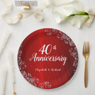 Elegant Ruby Red Swirl 40 Jahre Jubiläum Pappteller