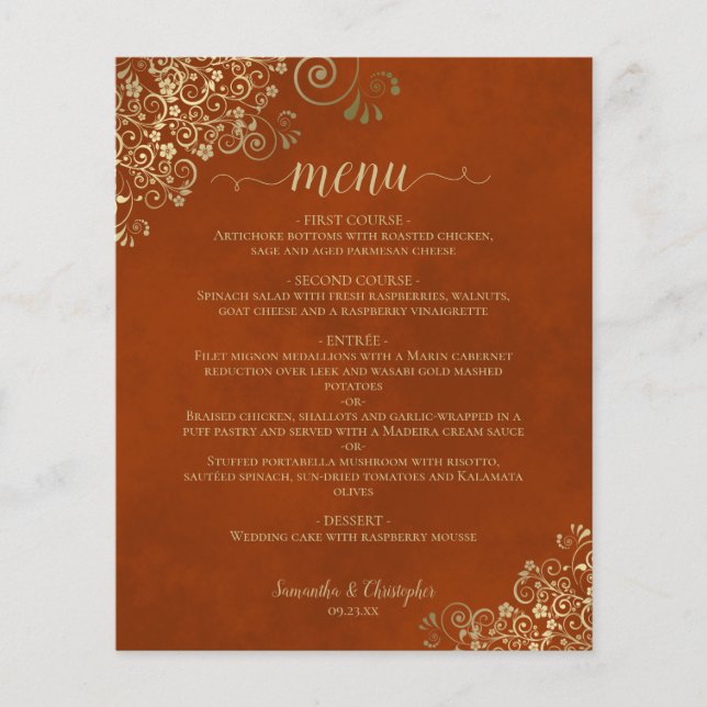 Elégant Rust Orange & Gold Budget Mariage Menu (Devant)