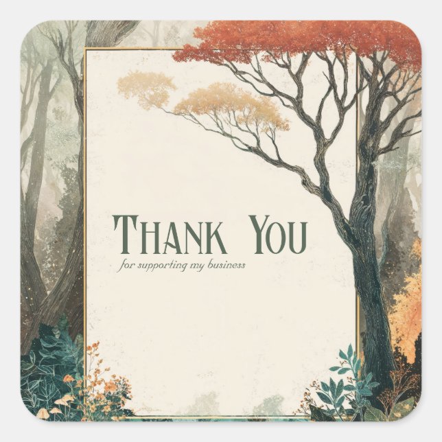 Elegant Rustic Autumn Tree Gold Frame Forest Quadratischer Aufkleber (Vorderseite)