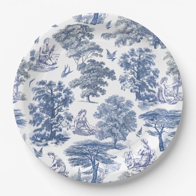 Elegant Rustic Blue Country Toile Pappteller (Vorderseite)
