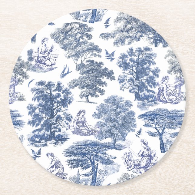 Elegant Rustic Blue Country Toile Runder Pappuntersetzer (Vorderseite)