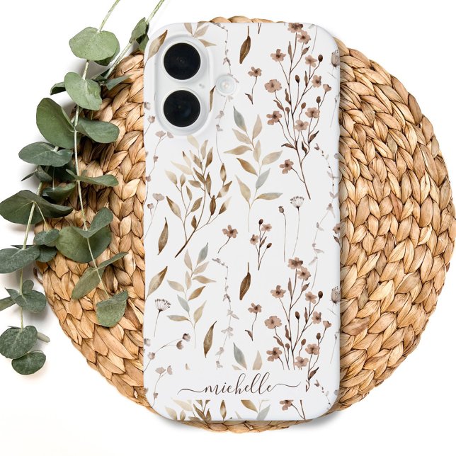 Elegant Rustic Boho Brown Floral Botanical iPhone 16 Hülle (Close up)