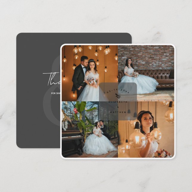 Elegant Rustic Dark Gray 4 Foto Collage Wedding Dankeskarte (Vorne/Hinten)