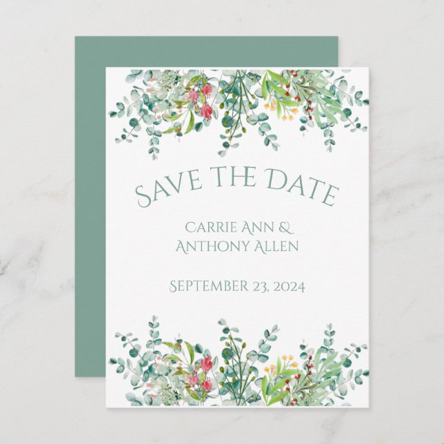 Elegant Rustic Eucalyptus Floral Save the Date (Vorne/Hinten)