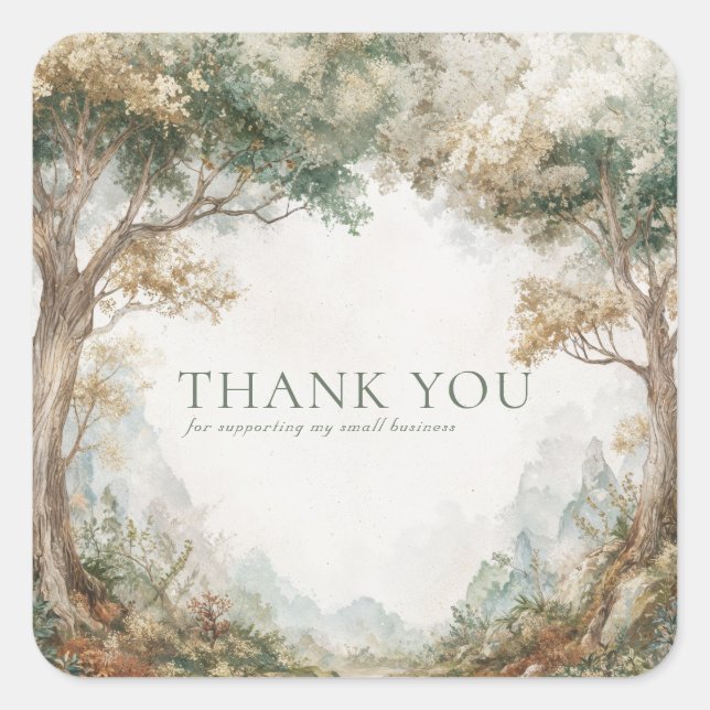Elegant Rustic Forest Trees Misty Clearing Quadratischer Aufkleber (Vorderseite)