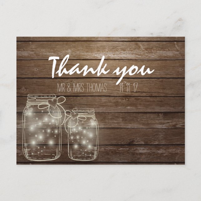 Elegant Rustic Mason Jar Lights Danke Postcard Postkarte (Vorderseite)