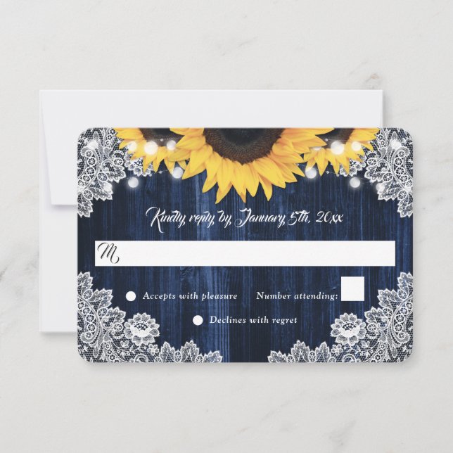 Elegant Rustic Navy Blue Wood Sunflower Wedding RSVP Karte (Vorderseite)