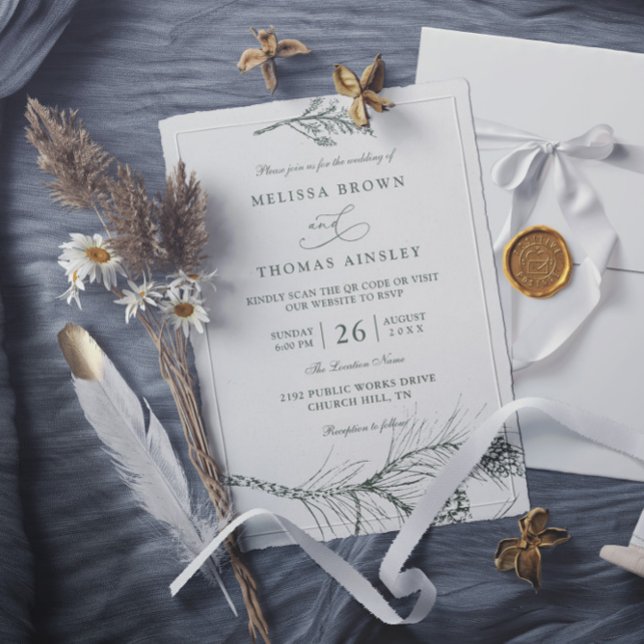 Elegant Rustic Pine Branch QR Code Wedding Einladung (Von Creator hochgeladen)