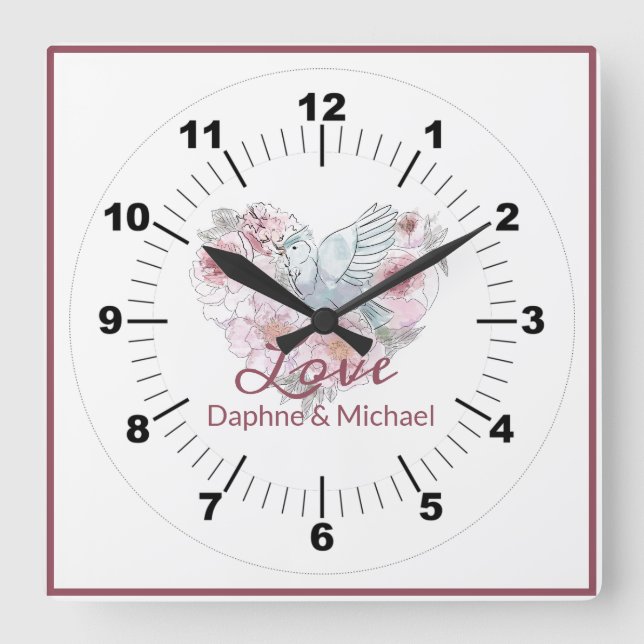 Elegant Rustic Pink Modern Chic Heart Script Quadratische Wanduhr (Vorderseite)