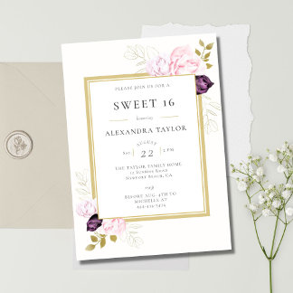 Elegant Rustic Rose Frame Gold Eucalyptus Sweet 16 Einladung