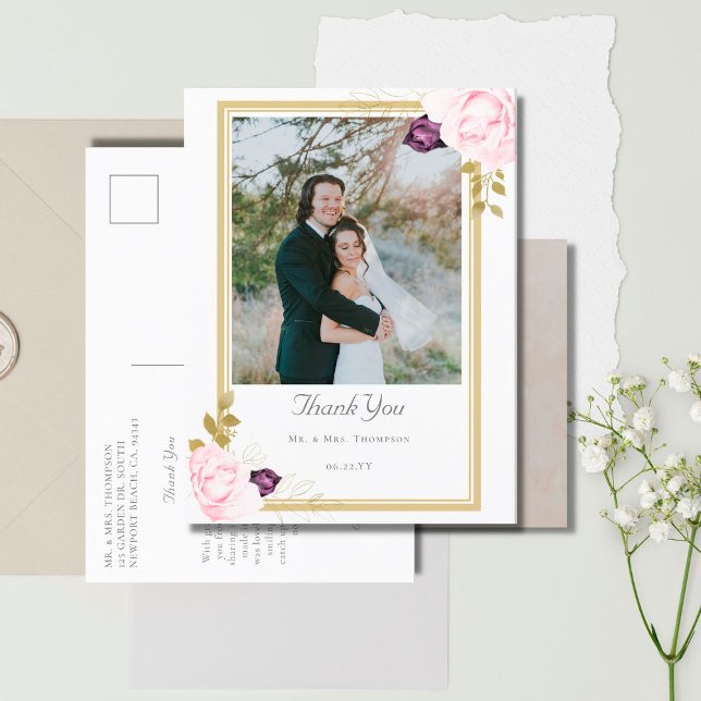 Elegant Rustic Roses Gold Wedding Photo Thank You Postkarte (Von Creator hochgeladen)