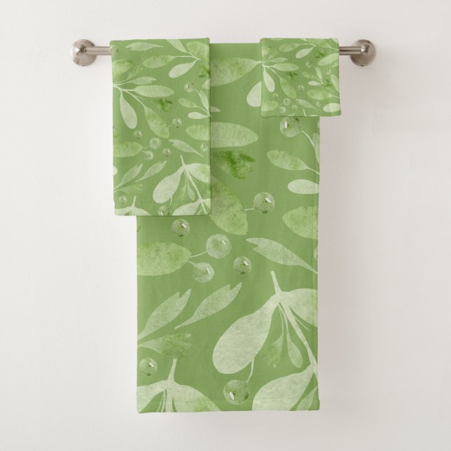 Elegant Rustic Watercolor Leaves Sage Green  Badhandtuch Set (Insitu)