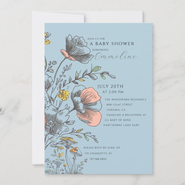 Elegant Rustic Wildflower Blue Baby Shower  Einladung (Vorderseite)