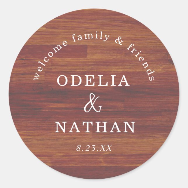 Elegant Rustic Wood Grain Texture Arched Wedding Runder Aufkleber (Vorderseite)
