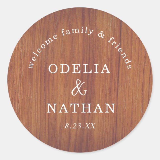 Elegant Rustic Wood Grain Texture Arched Wedding Runder Aufkleber (Vorderseite)