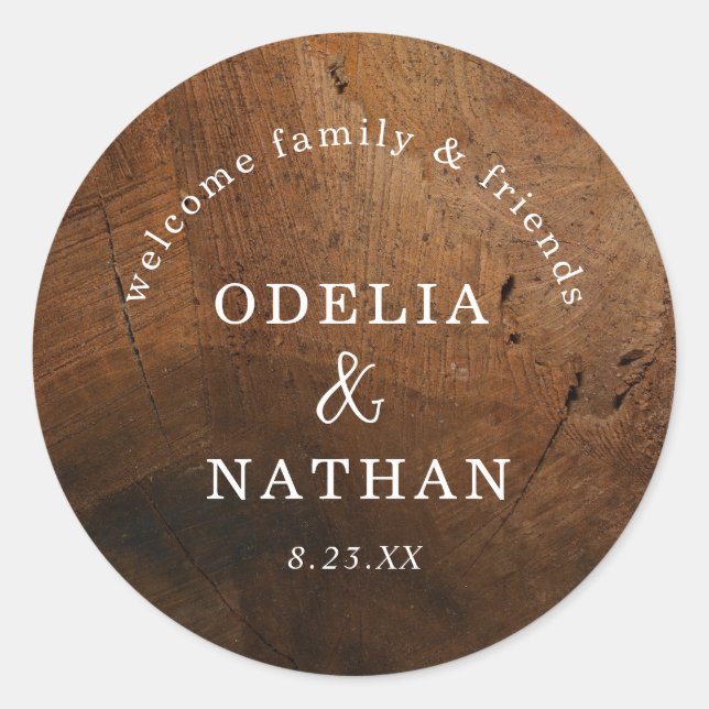 Elegant Rustic Wood Grain Texture Arched Wedding Runder Aufkleber (Vorderseite)