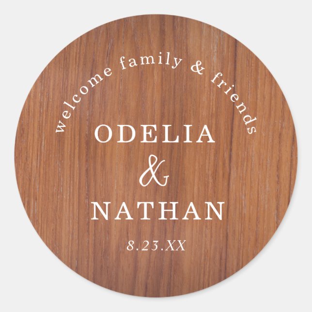 Elegant Rustic Wood Grain Texture Arched Wedding Runder Aufkleber (Vorderseite)