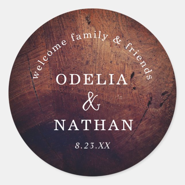 Elegant Rustic Wood Grain Texture Arched Wedding Runder Aufkleber (Vorderseite)