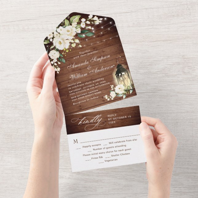 Elegant Rustic Wood White Roses Wedding All In One Einladung (Abreißen)