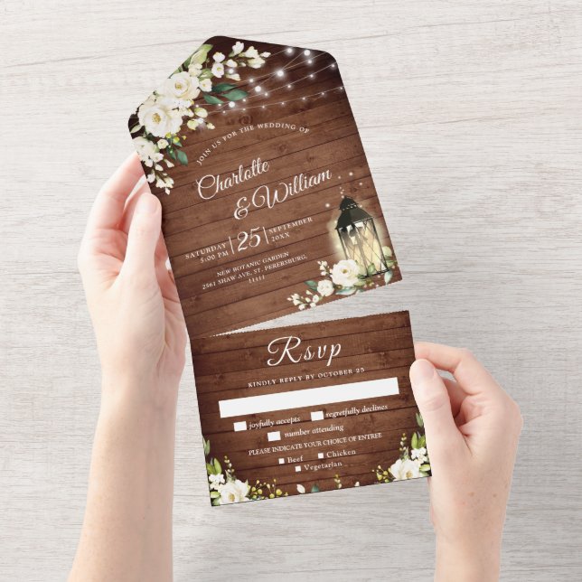 Elegant Rustic Wood White Roses Wedding All In One Einladung (Abreißen)