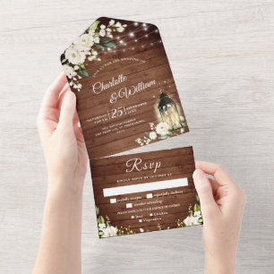 Elegant Rustic Wood White Roses Wedding All In One Einladung