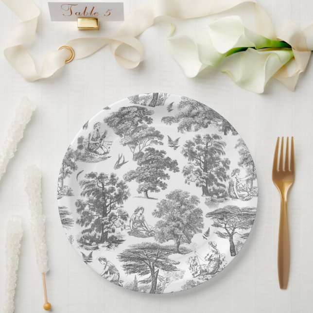 Elegant Rustikal Gray Country Toile Pappteller (Hochzeit)