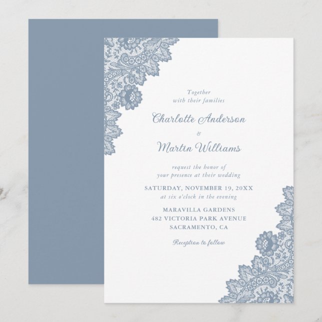 Elégant Rustique Dusty Blue dentelle invitation ma (Devant / Derrière)