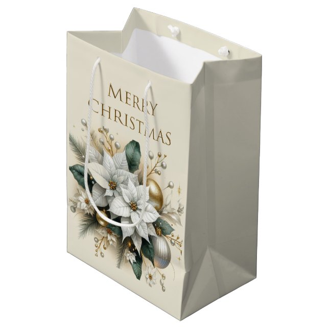 Élégant sac cadeau de Noël blanc Poinsettia (Devant Angle)