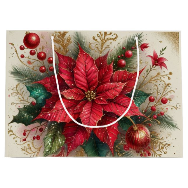 Élégant sac cadeau de Noël Rouge Poinsettia (Devant)