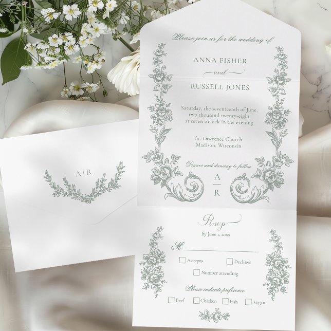 Elegant Sage Baroque Roses Wedding All In One Einladung (Von Creator hochgeladen)