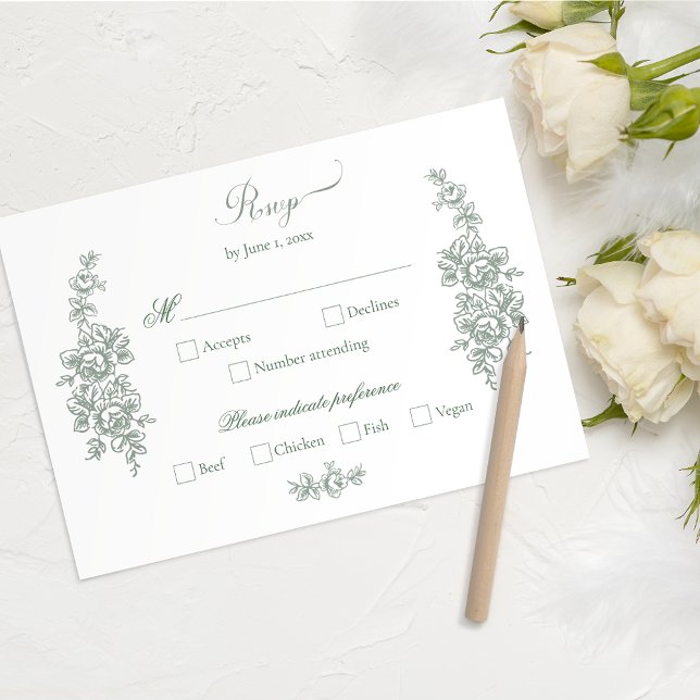 Elegant Sage Baroque Roses Wedding RSVP Karte (Von Creator hochgeladen)