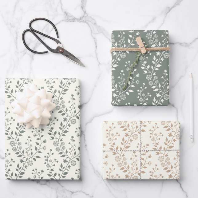 Elegant Sage Cream Minimalist Boho Floral Pattern Geschenkpapier Set (Vorderseite)