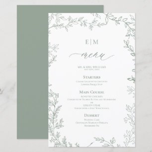 Élégant Sage Feuille Vert Monogramme Mariage Menu