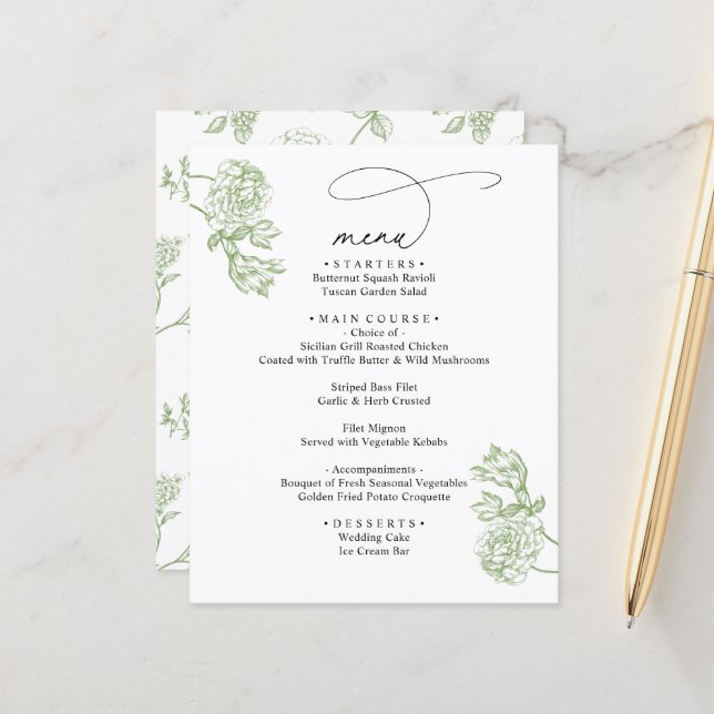 Elegant Sage Floral Modern Script Wedding Menu (Vorderseite/Rückseite Beispiel)