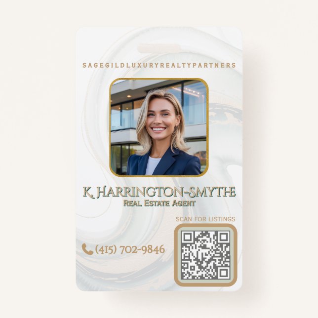 Elegant Sage Gold Realtor Photo ID/QR Code Contact Ausweis (Vorderseite)