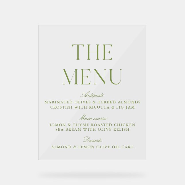 Elegant Sage Green Acrylic Wedding Menu Sign (Recto)