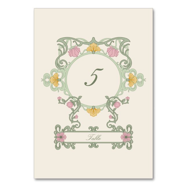 Elegant Sage Green and Gold Art Nouveau Tischnummer (Vorderseite)