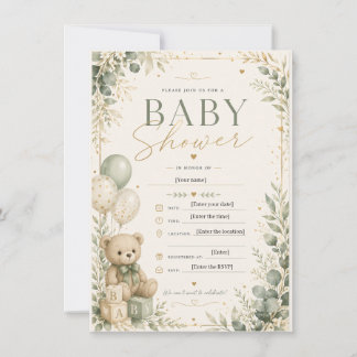 Elegant Sage Green Baby Shower Invitation | Teddy Einladung