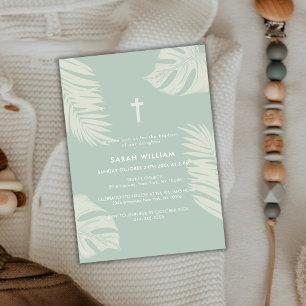 Elegant Sage Green Boho Blätter überqueren Taufe Einladung