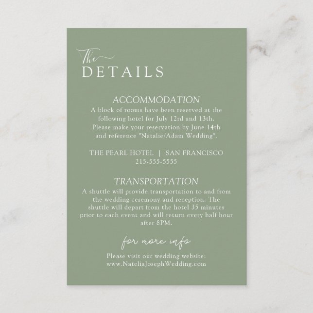 Elegant Sage Green Boho Modern Wedding Details Begleitkarte (Vorderseite)